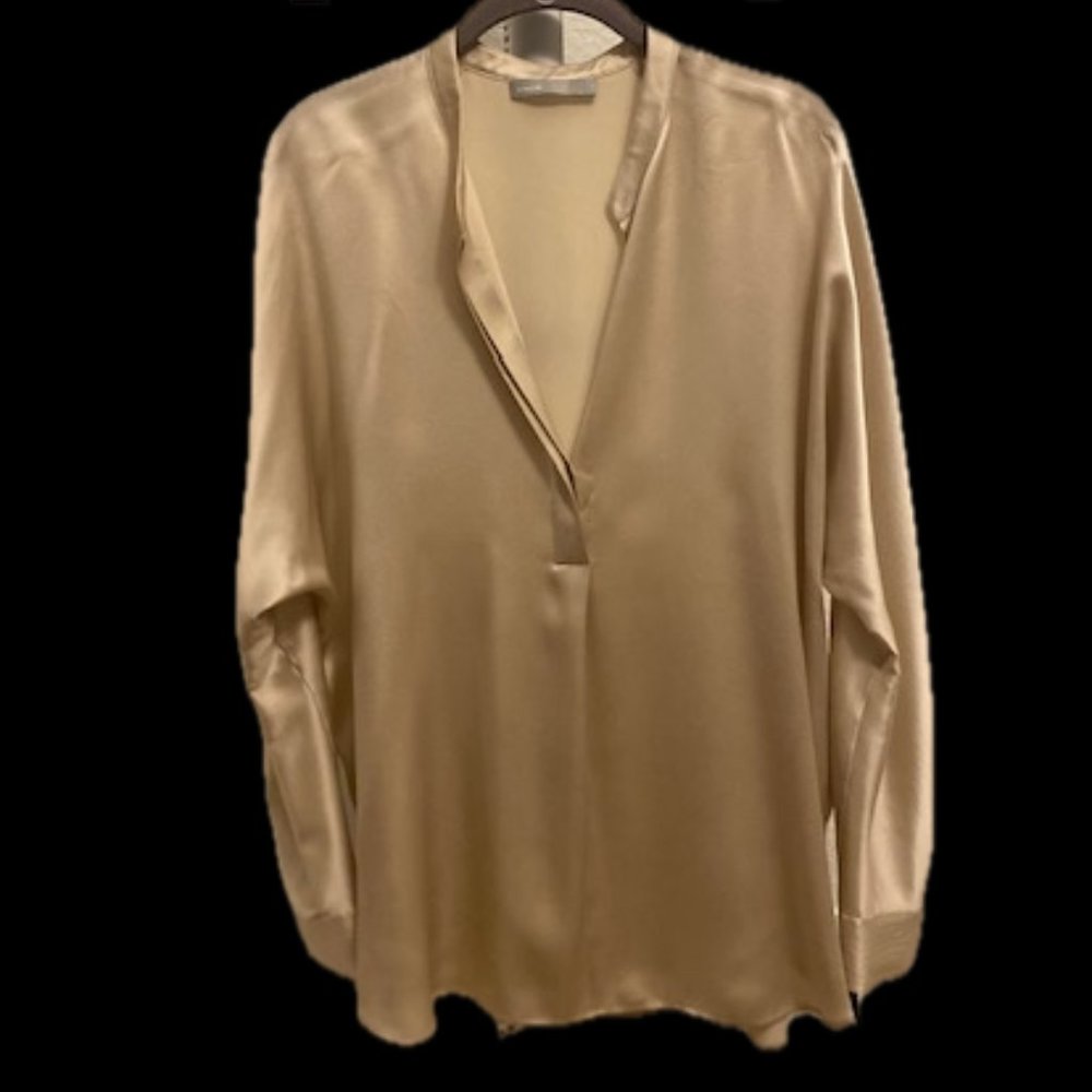 Vince Silk Split V-Neck Long Sleeve Champagne Blouse Womens Size Medium